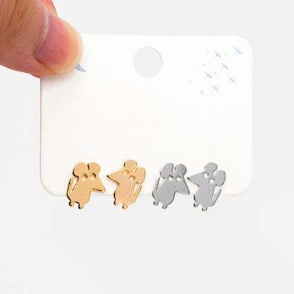 10pcs Gold/ Silver Tone Cute Mouse Earrings, Gold/ Rhodium Plated Brass, Minimalist Animal Stud Earrings (GB-4494)
