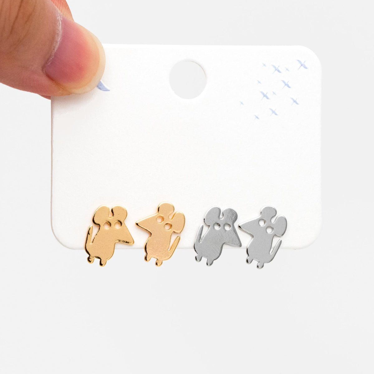 10pcs Gold/ Silver Tone Cute Mouse Earrings, Gold/ Rhodium Plated Brass, Minimalist Animal Stud Earrings (GB-4494)