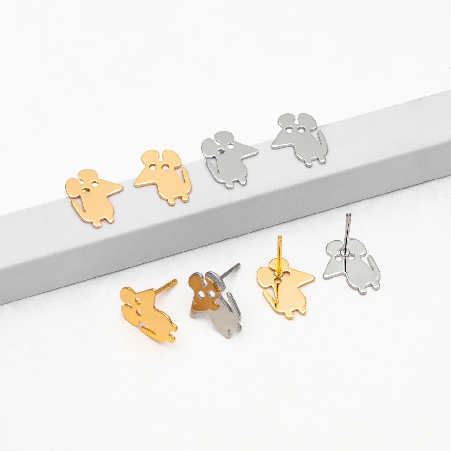 10pcs Gold/ Silver Tone Cute Mouse Earrings, Gold/ Rhodium Plated Brass, Minimalist Animal Stud Earrings (GB-4494)