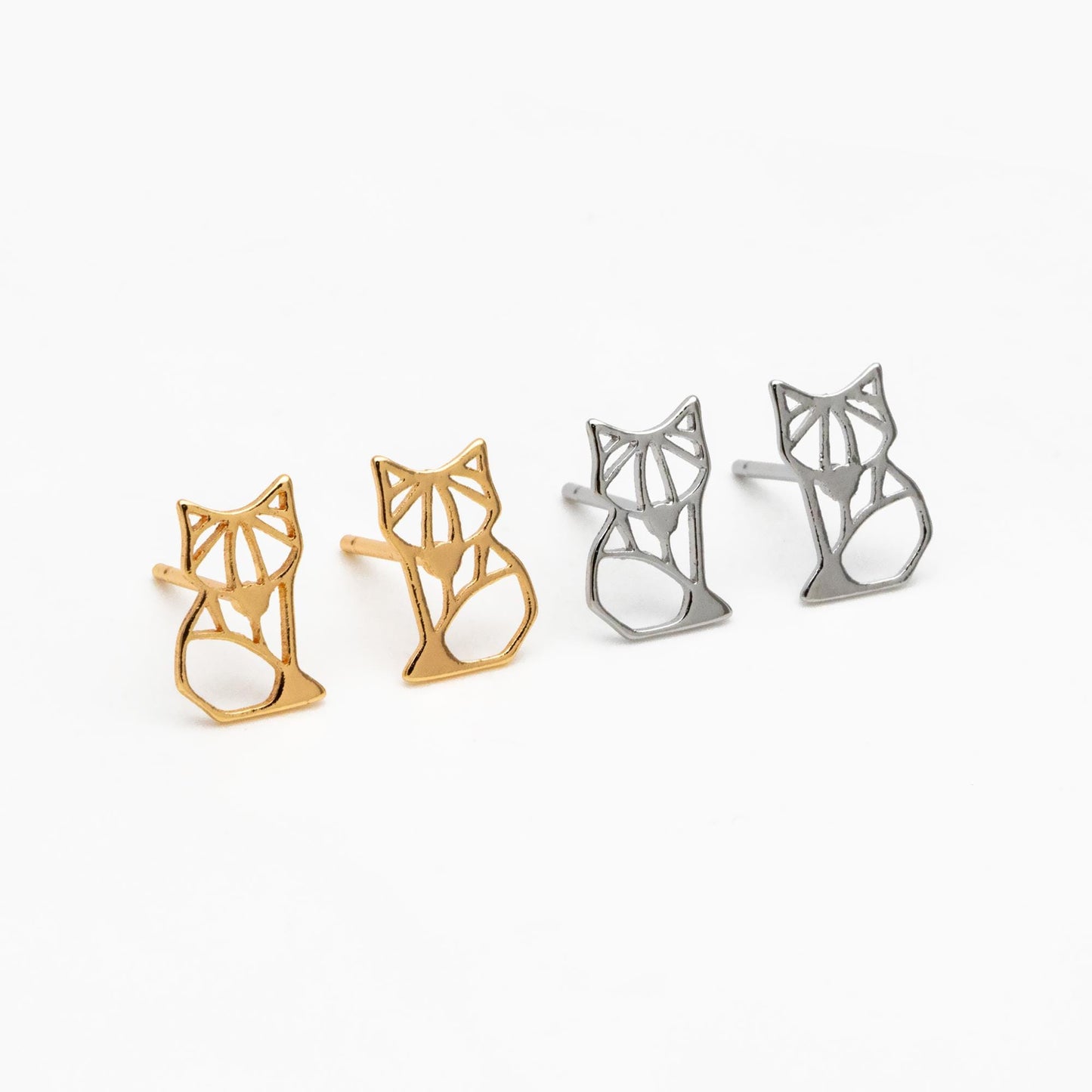 10pcs Gold/ Silver Tone Hollow Fox Earrings, Gold/ Rhodium Plated Brass, Minimalist Animal Stud Earrings (GB-4498)