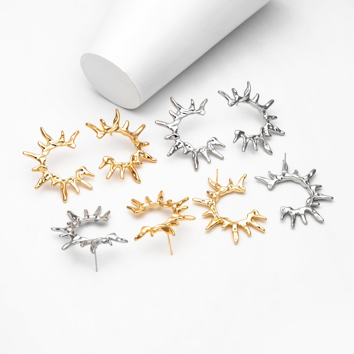 4pcs Gold/ Silver Tone Sun Earrings, 18K Real Gold/ Rhodium Plated Brass, Dainty Stud Earrings (#GB-4499)