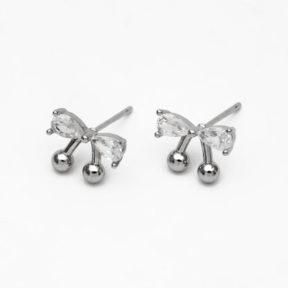 4pcs CZ Pave Gold/ Silver Tone Bowknot Earrings, 18K Real Gold/ Rhodium plated Brass, Bow Knot Stud Earring (GB-4506)