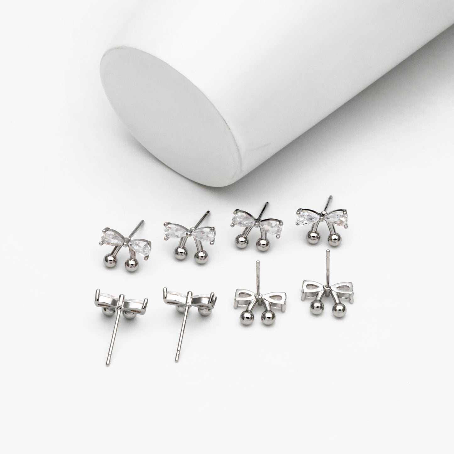 4pcs CZ Pave Gold/ Silver Tone Bowknot Earrings, 18K Real Gold/ Rhodium plated Brass, Bow Knot Stud Earring (GB-4506)