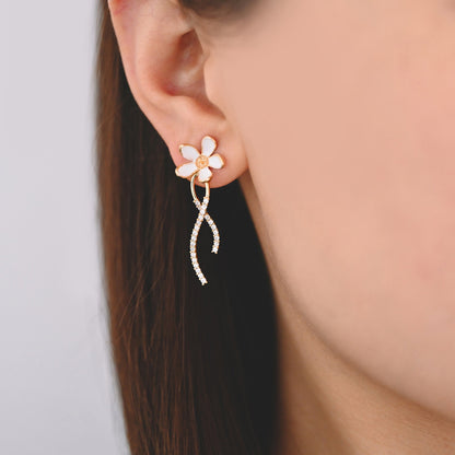 4pcs CZ Pave Gold Enamel Flower Asymmetry Earrings, Pearl Peg Earring Mounts, Half Drilled Pearl Earring Settings (GB-4356)