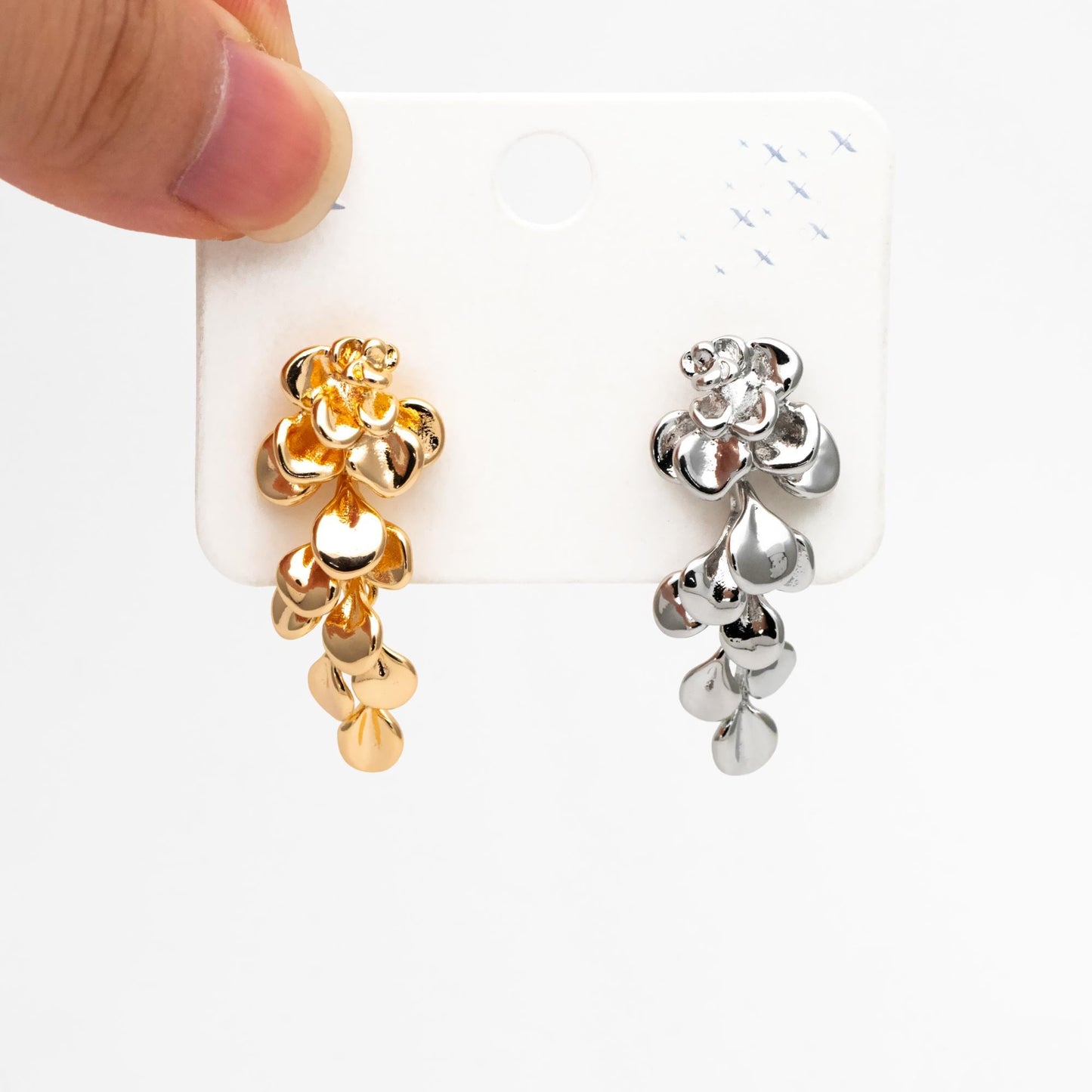 4pcs Gold/ Silver Tone Flower Earrings, 18K Gold/ Rhodium plated Brass, Dainty Leaf Dangle Earrings (GB-4500)
