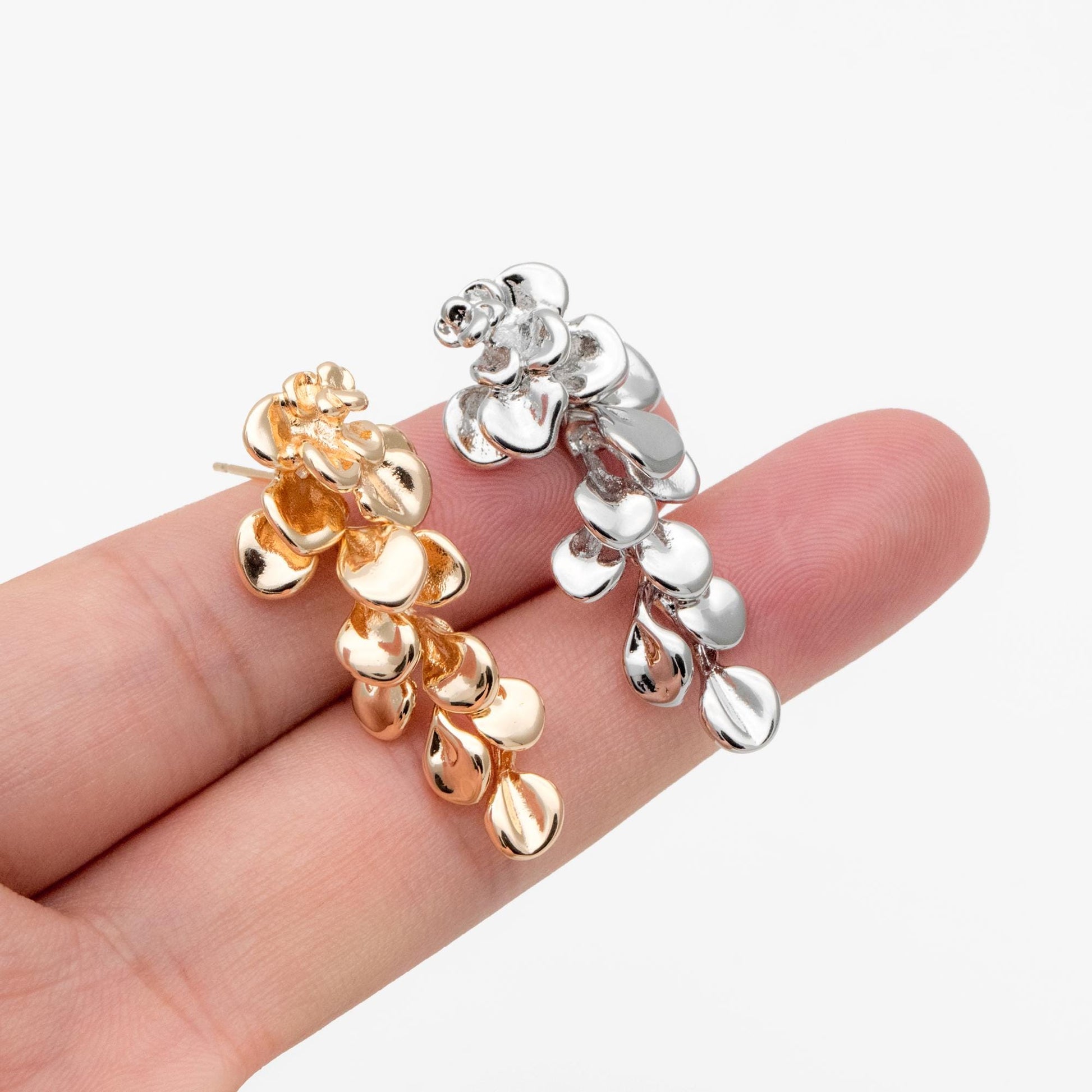 4pcs Gold/ Silver Tone Flower Earrings, 18K Gold/ Rhodium plated Brass, Dainty Leaf Dangle Earrings (GB-4500)