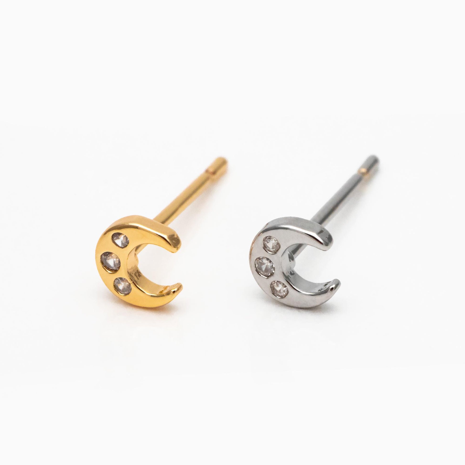 10pcs CZ Pave Gold/ Silver Tone Moon Earrings, Real Gold/ Rhodium Plated Brass, Minimalist Stud Earrings (#GB-3041-G)