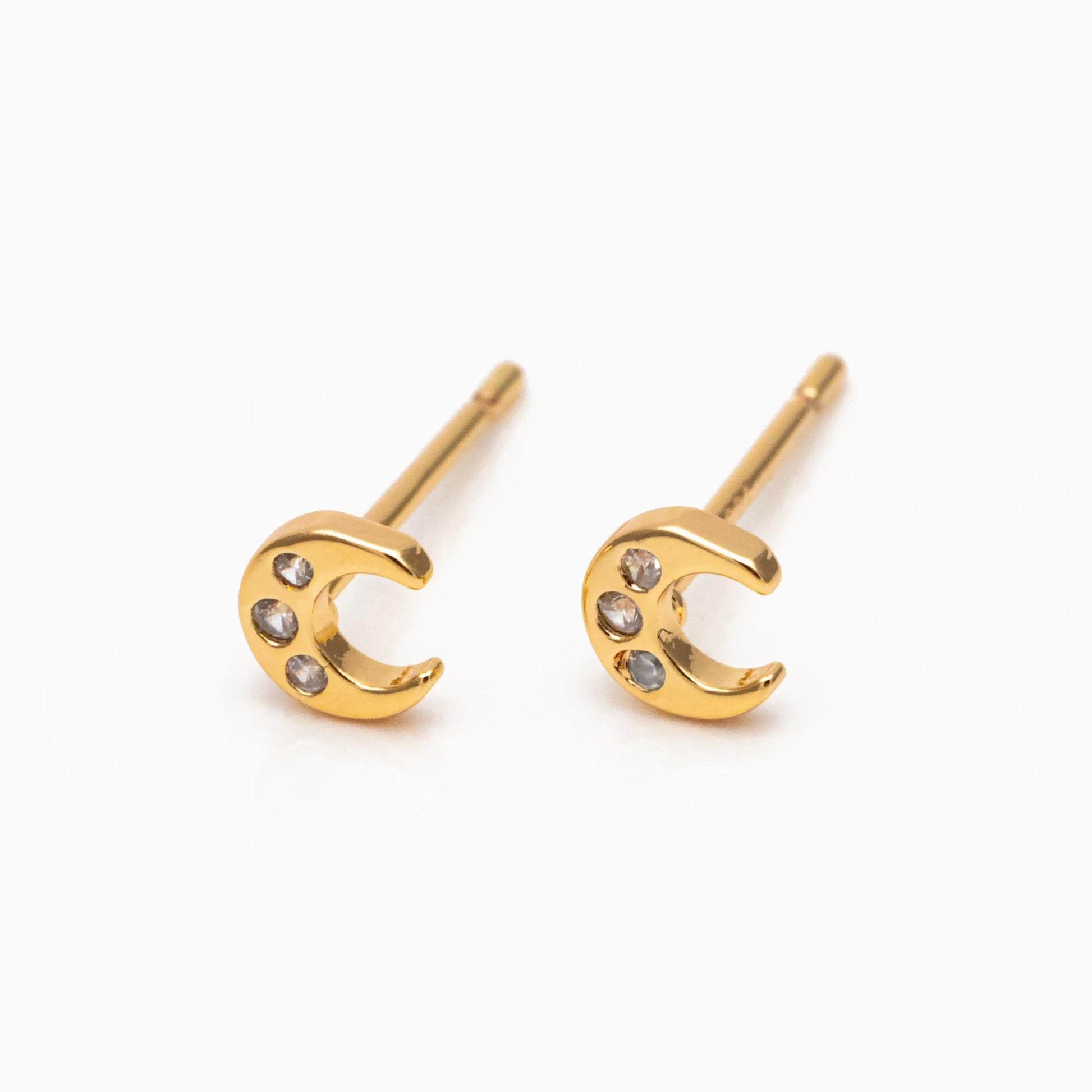 10pcs CZ Pave Gold/ Silver Tone Moon Earrings, Real Gold/ Rhodium Plated Brass, Minimalist Stud Earrings (#GB-3041-G)
