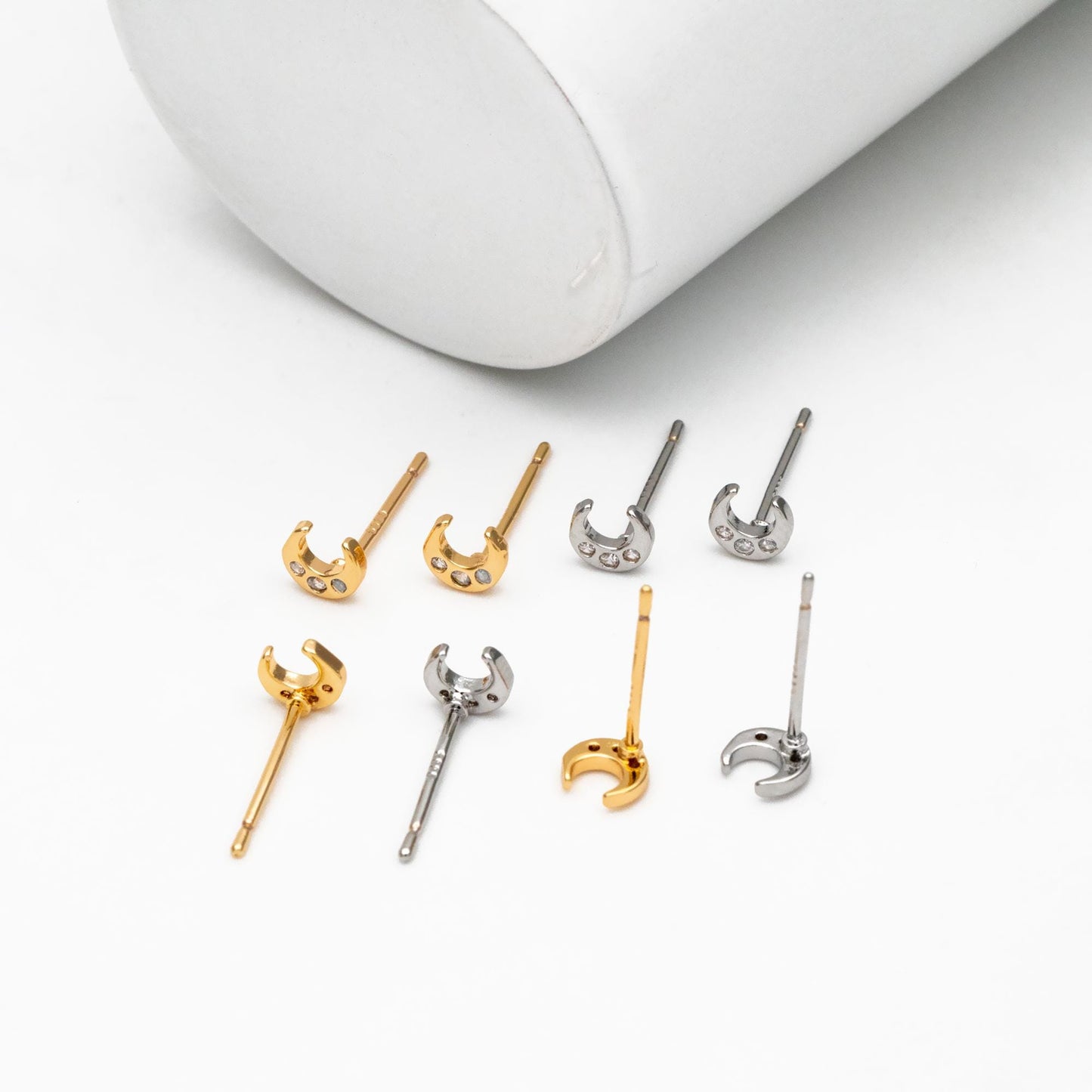 10pcs CZ Pave Gold/ Silver Tone Moon Earrings, Real Gold/ Rhodium Plated Brass, Minimalist Stud Earrings (#GB-3041-G)