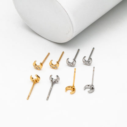 10pcs CZ Pave Gold/ Silver Tone Moon Earrings, Real Gold/ Rhodium Plated Brass, Minimalist Stud Earrings (#GB-3041-G)