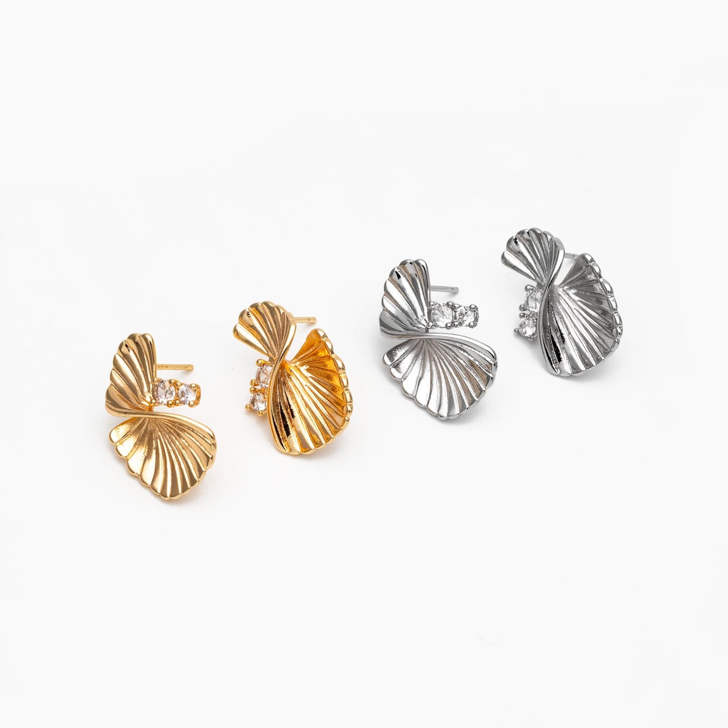 4pcs CZ Pave Leaf Earrings: Gold/ Rhodium Plated Brass Studs (GB-4510)