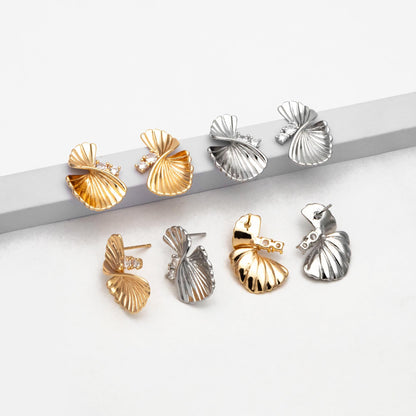 4pcs CZ Pave Leaf Earrings: Gold/ Rhodium Plated Brass Studs (GB-4510)