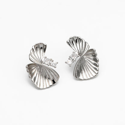 4pcs CZ Pave Leaf Earrings: Gold/ Rhodium Plated Brass Studs (GB-4510)