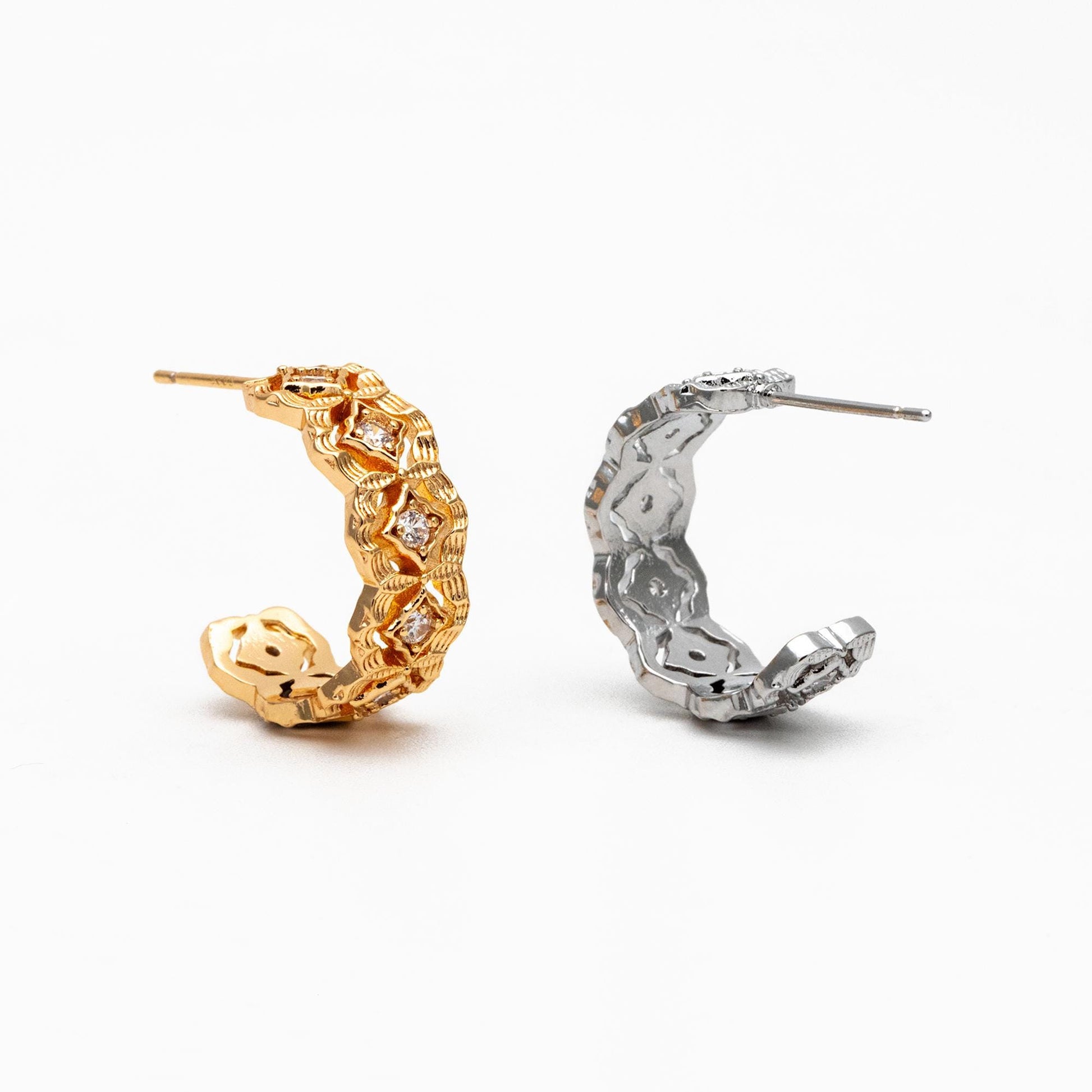 4pcs CZ Pave Gold/ Silver Tone Round Circle Earrings, Gold/ Rhodium plated Brass, Geometric Hoop Stud Earrings (GB-4512)