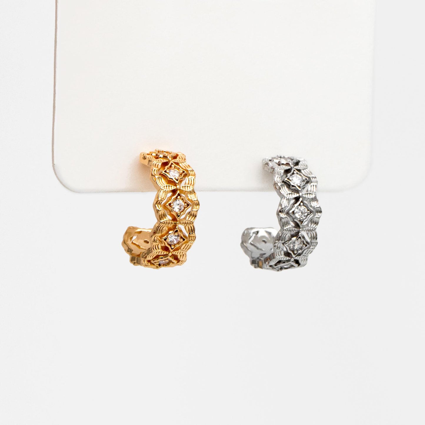 4pcs CZ Pave Gold/ Silver Tone Round Circle Earrings, Gold/ Rhodium plated Brass, Geometric Hoop Stud Earrings (GB-4512)