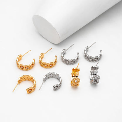 4pcs CZ Pave Gold/ Silver Tone Round Circle Earrings, Gold/ Rhodium plated Brass, Geometric Hoop Stud Earrings (GB-4512)