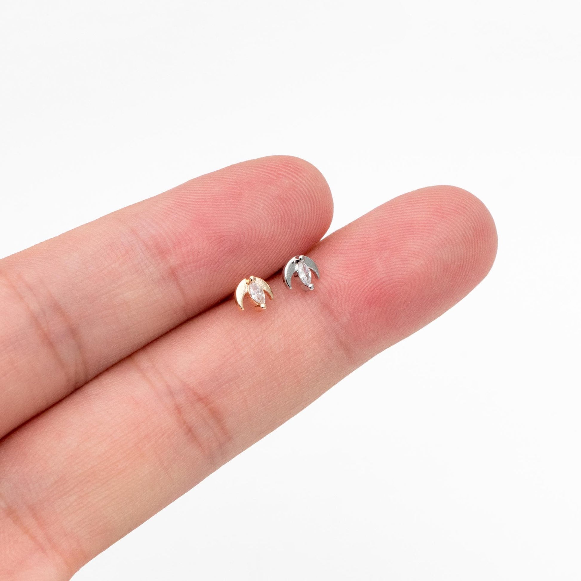 10pcs Gold/ Silver Tone Moon and Marquise CZ Earrings, Real Gold/ Rhodium Plated Brass Minimalist Stud Earrings (#GB-3041-B)