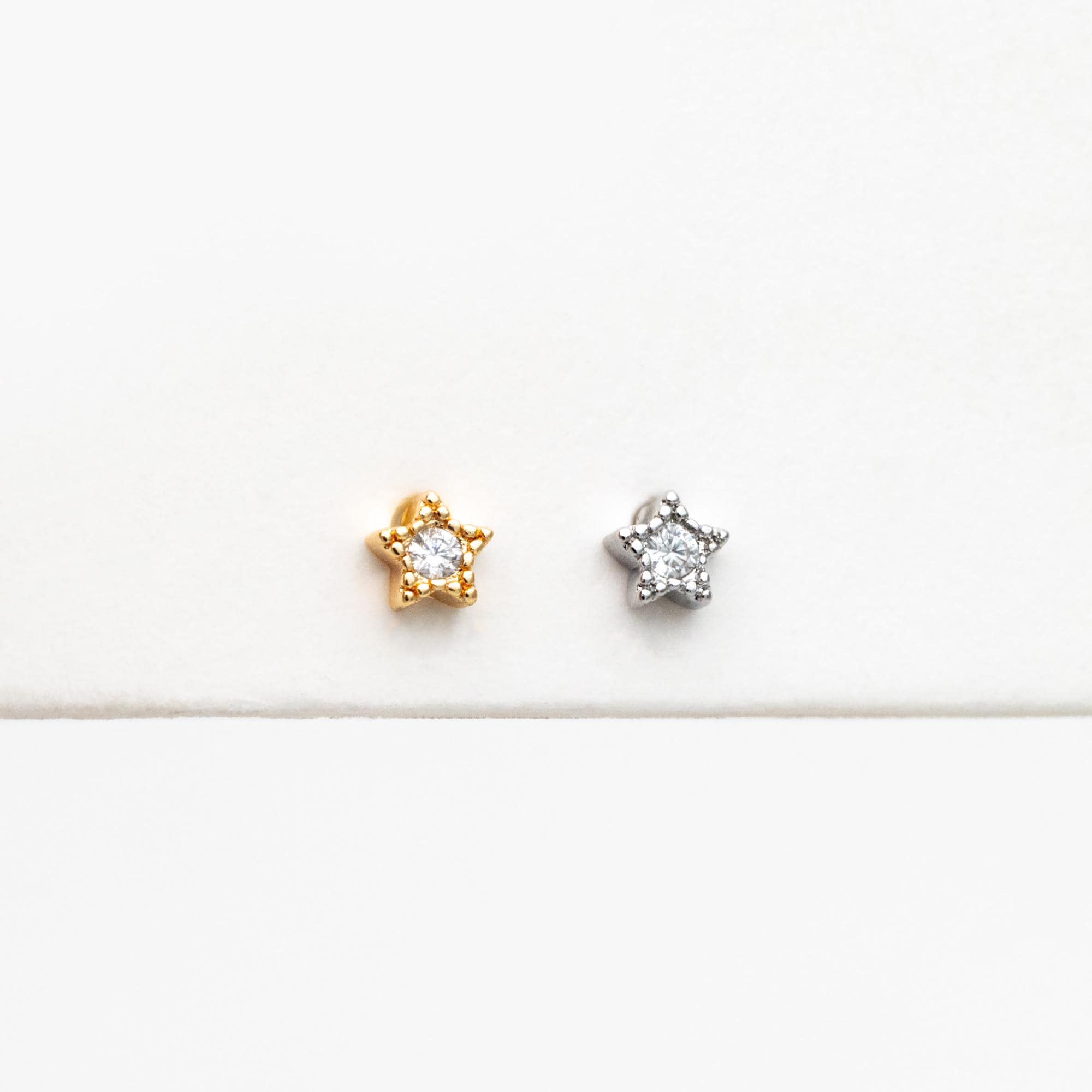 10pcs CZ Pave Gold/ Silver Tone Star Earrings, Gold/ Rhodium Plated Brass, Dainty Star Stud Earrings (GB-3041-A)