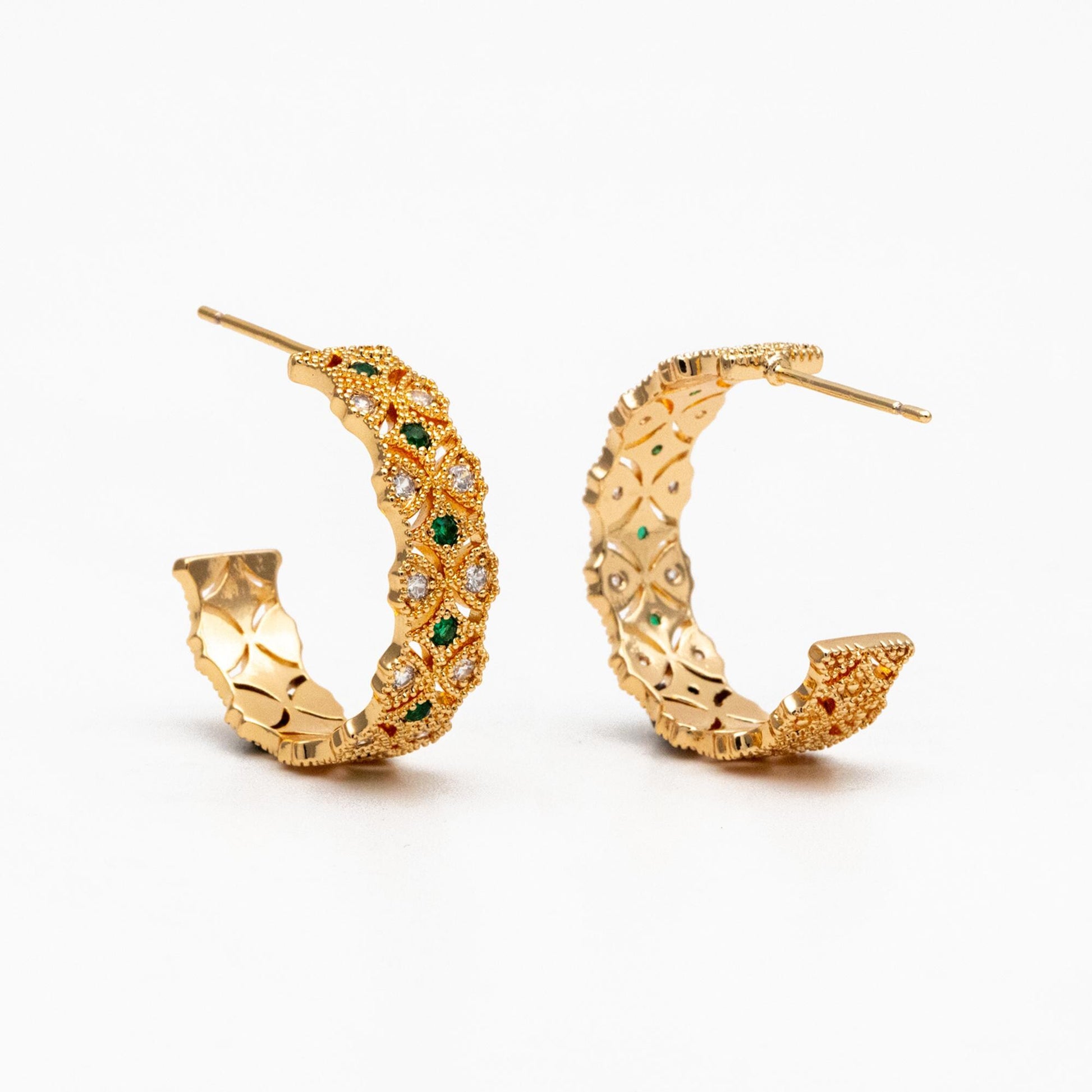 4pcs CZ Pave Gold/ Silver Round Circle Earrings, Gold/ Rhodium plated Brass, Geometric Hoop Stud Earrings (GB-4516)