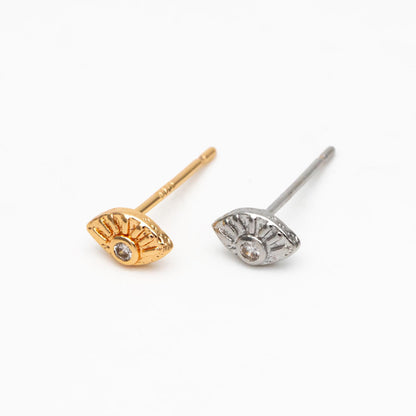 10pcs CZ Pave Gold/ Silver Tone Evil Eye Earrings, Real Gold/ Rhodium plated Brass, Dainty Eye Stud Earrings (GB-4521)