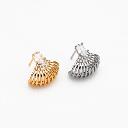 4pcs CZ Pave Gold/ Silver Tone Fan Shaped Earrings, Real Gold/ Rhodium Plated Brass, Fan Stud Earrings (#GB-4525)