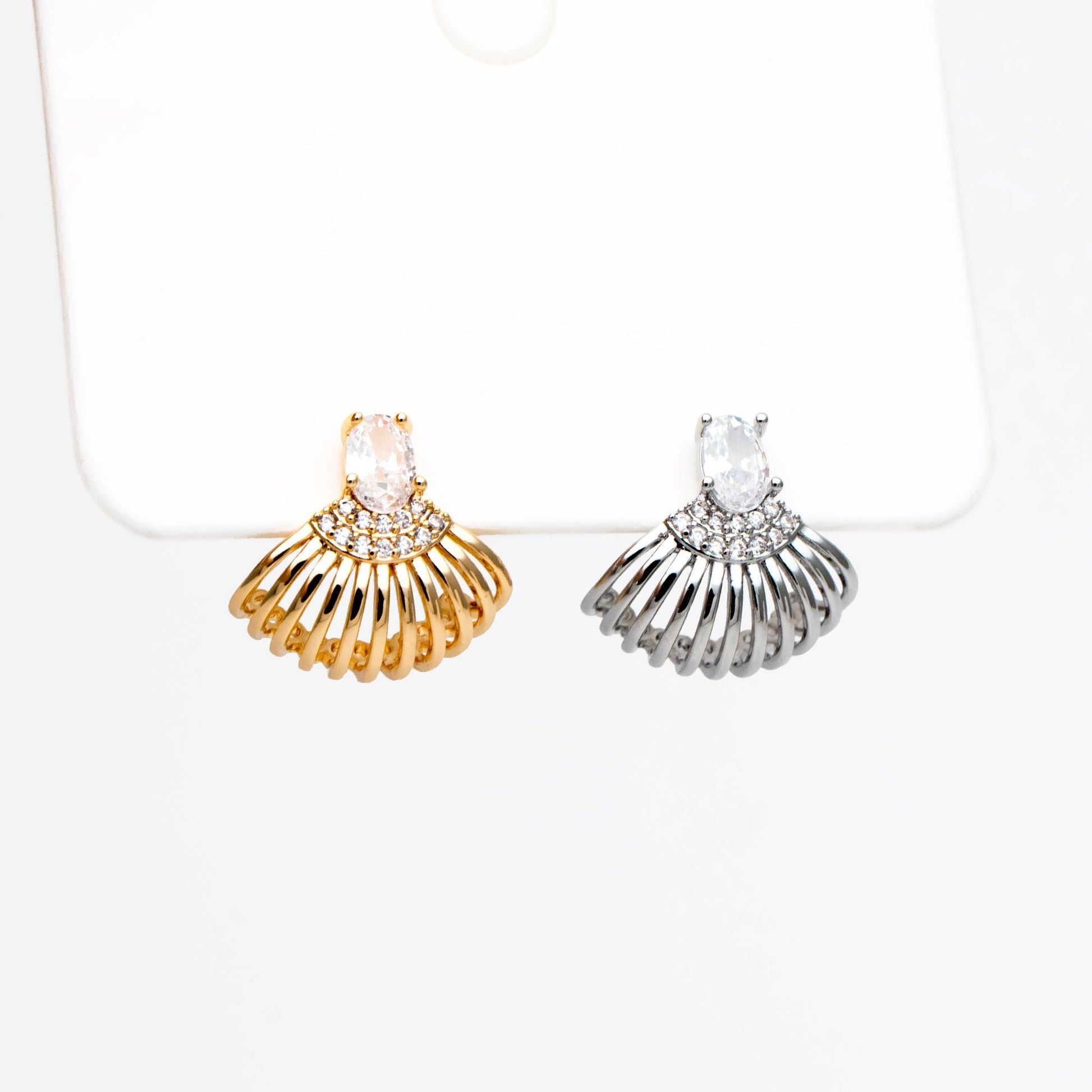 4pcs CZ Pave Gold/ Silver Tone Fan Shaped Earrings, Real Gold/ Rhodium Plated Brass, Fan Stud Earrings (#GB-4525)