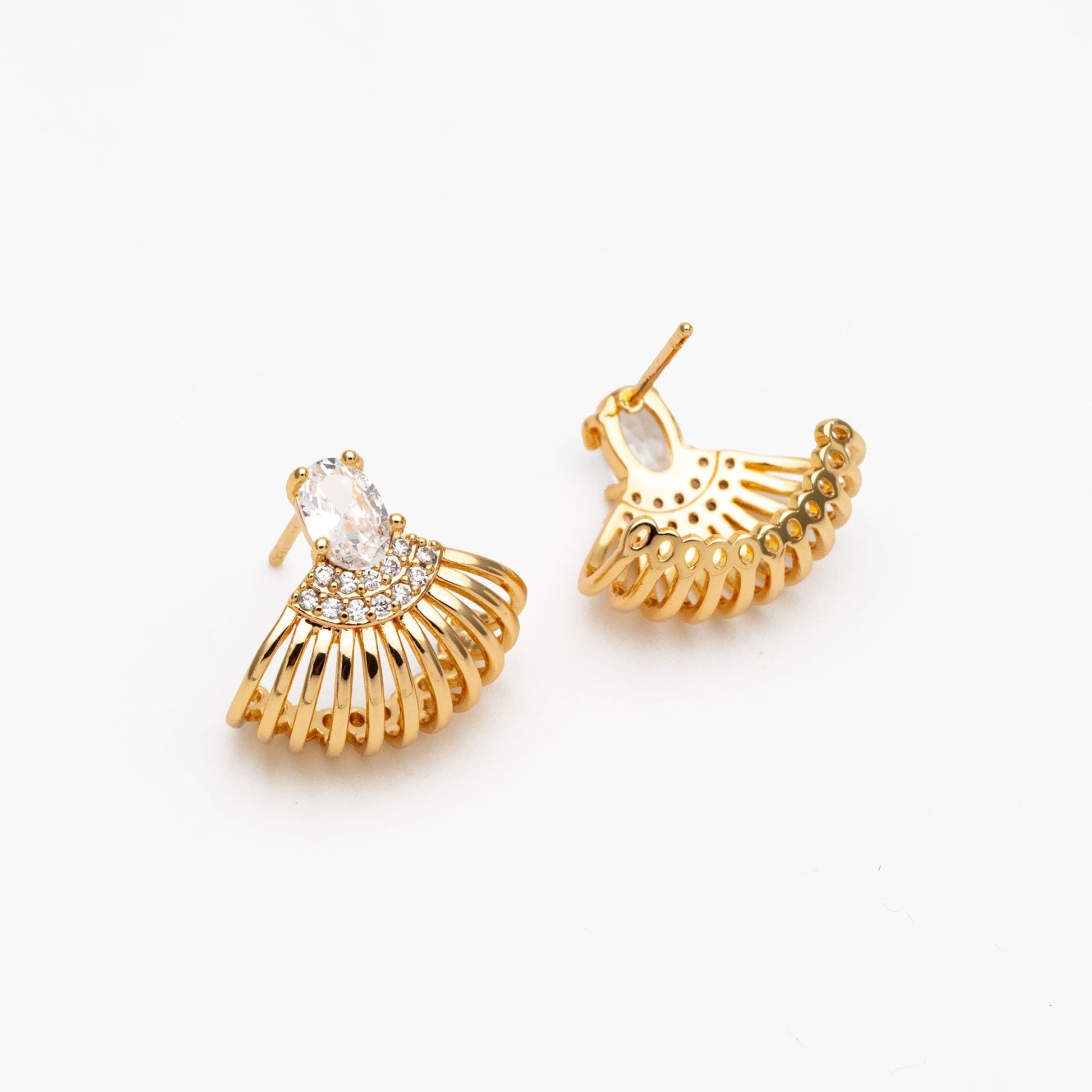 4pcs CZ Pave Gold/ Silver Tone Fan Shaped Earrings, Real Gold/ Rhodium Plated Brass, Fan Stud Earrings (#GB-4525)