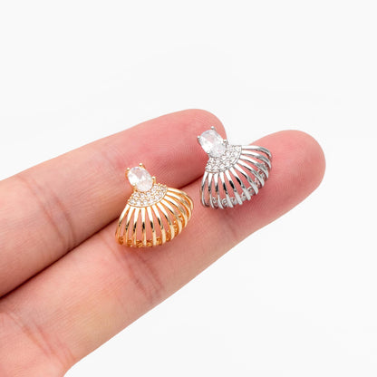 4pcs CZ Pave Gold/ Silver Tone Fan Shaped Earrings, Real Gold/ Rhodium Plated Brass, Fan Stud Earrings (#GB-4525)