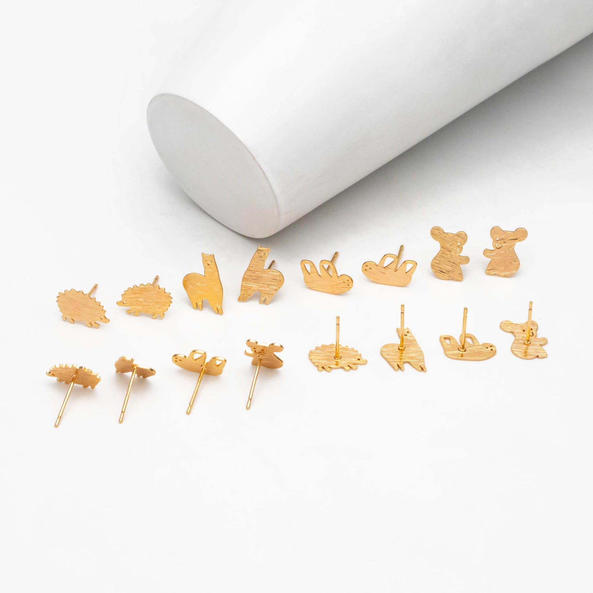 10pcs Gold Hedgehog/ Alpaca/ Sloth/ Koala Earrings, Gold Plated Brass, Cute Animal Stud Earrings (GB-4528)