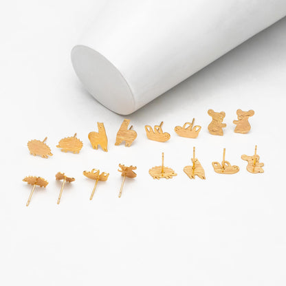 10pcs Gold Hedgehog/ Alpaca/ Sloth/ Koala Earrings, Gold Plated Brass, Cute Animal Stud Earrings (GB-4528)