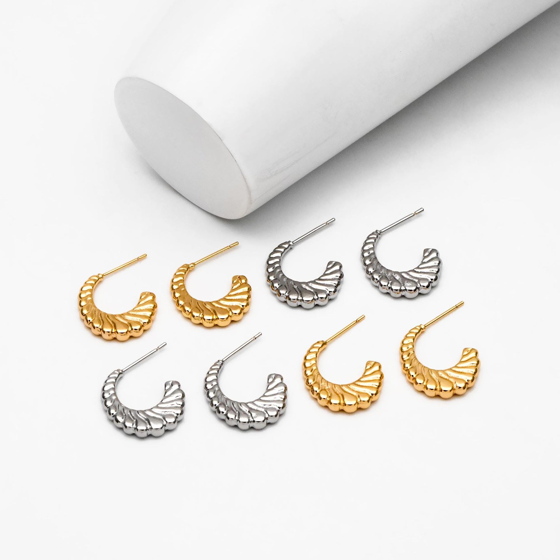 4pcs Gold/ Silver Tone C Shape Earrings, Real Gold/ Rhodium plated Brass, Dainty Stud Earrings (GB-4465)