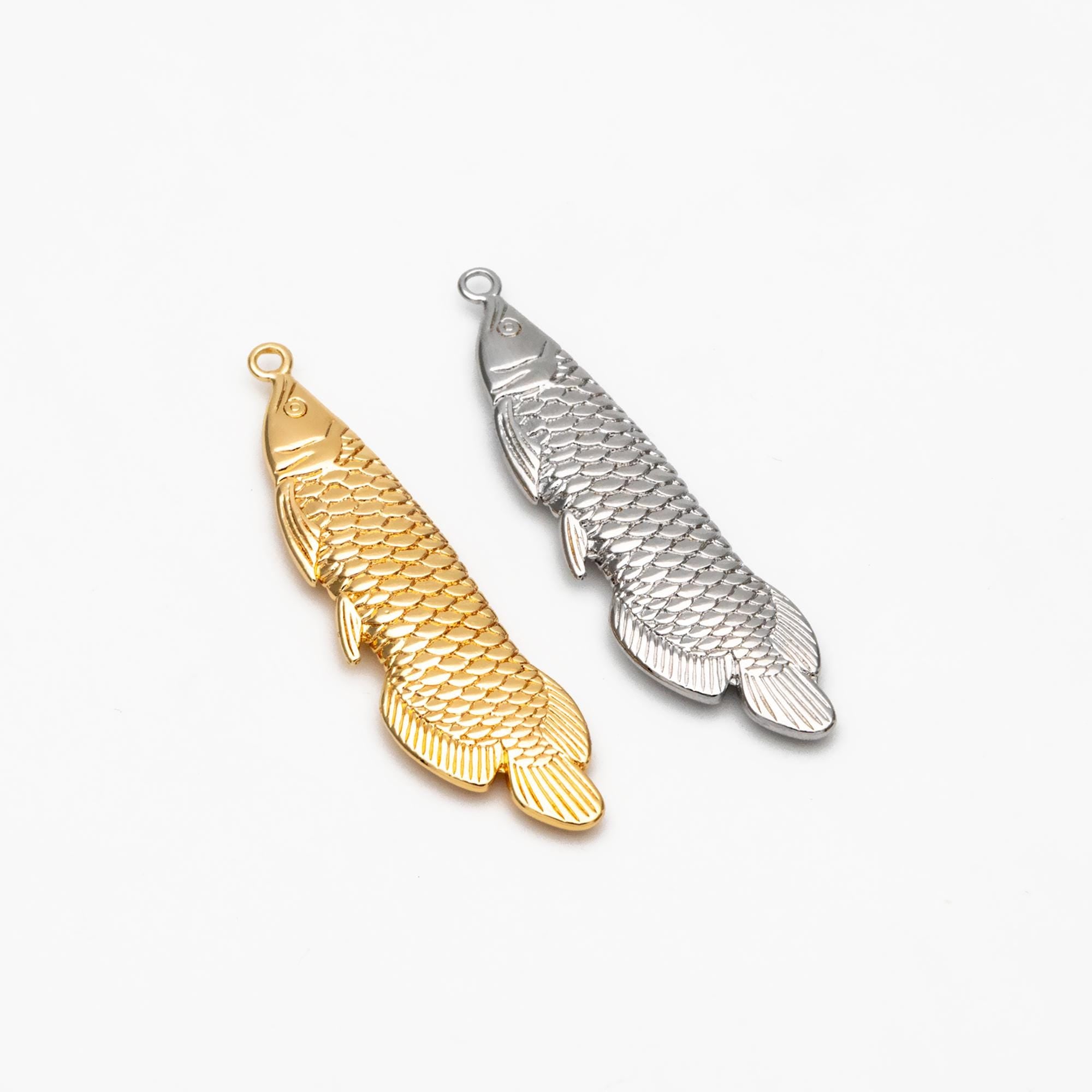 4pcs Gold/ Silver Tone Arowana Fish Charms, Gold/ Rhodium Plated Brass, Fish Pendants (GB-4474)
