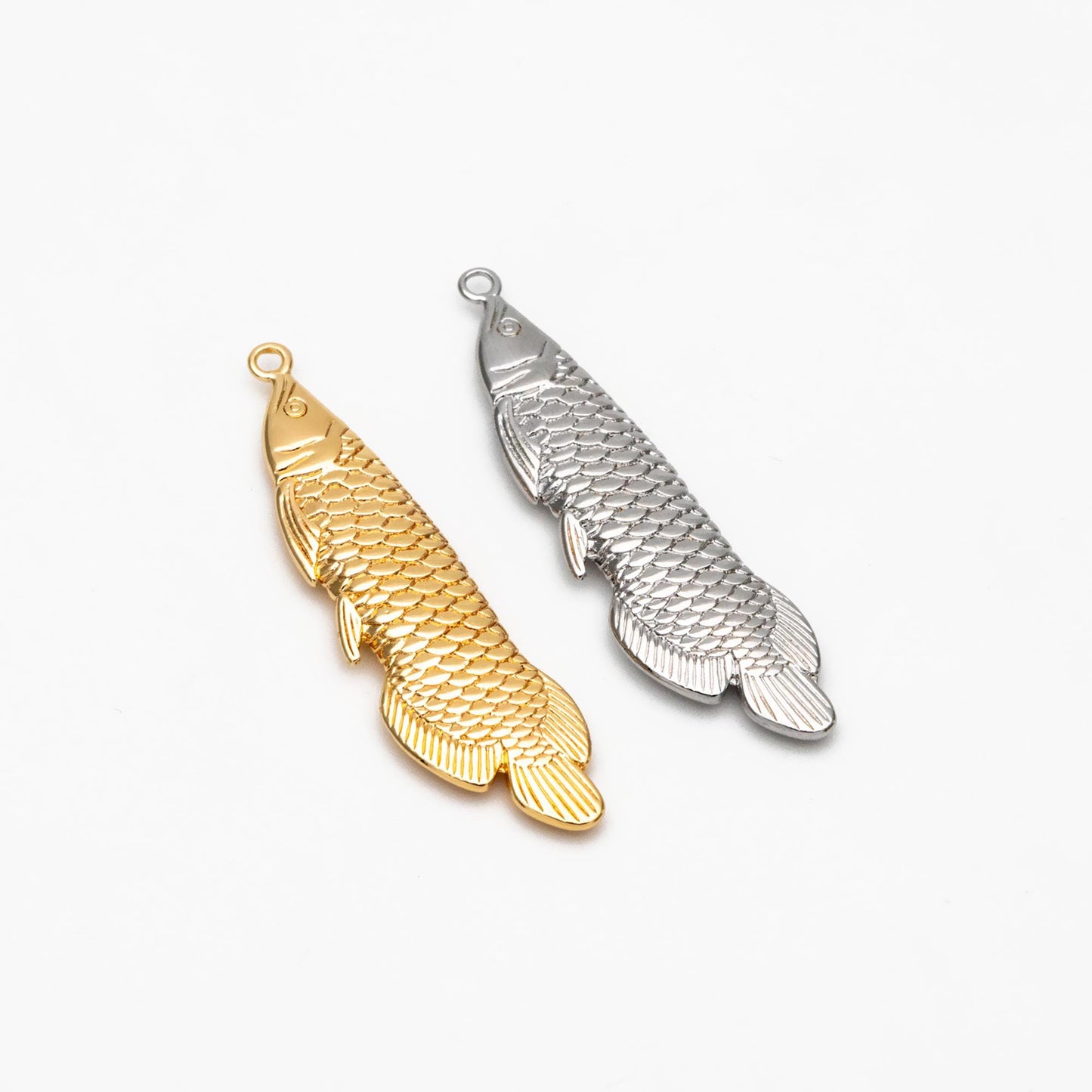 4pcs Gold/ Silver Tone Arowana Fish Charms, Gold/ Rhodium Plated Brass, Fish Pendants (GB-4474)
