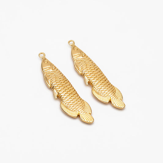 4pcs Gold/ Silver Tone Arowana Fish Charms, Gold/ Rhodium Plated Brass, Fish Pendants (GB-4474)