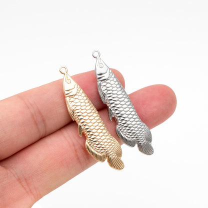 4pcs Gold/ Silver Tone Arowana Fish Charms, Gold/ Rhodium Plated Brass, Fish Pendants (GB-4474)