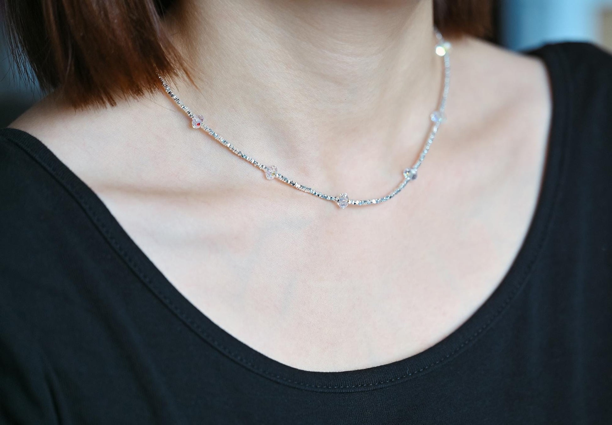 Sterling Silver Square Beaded Necklaces, 1.6mm Silver Bead Chain with 6mm Rondelle Crystal, Ready to Wear (CY-054)