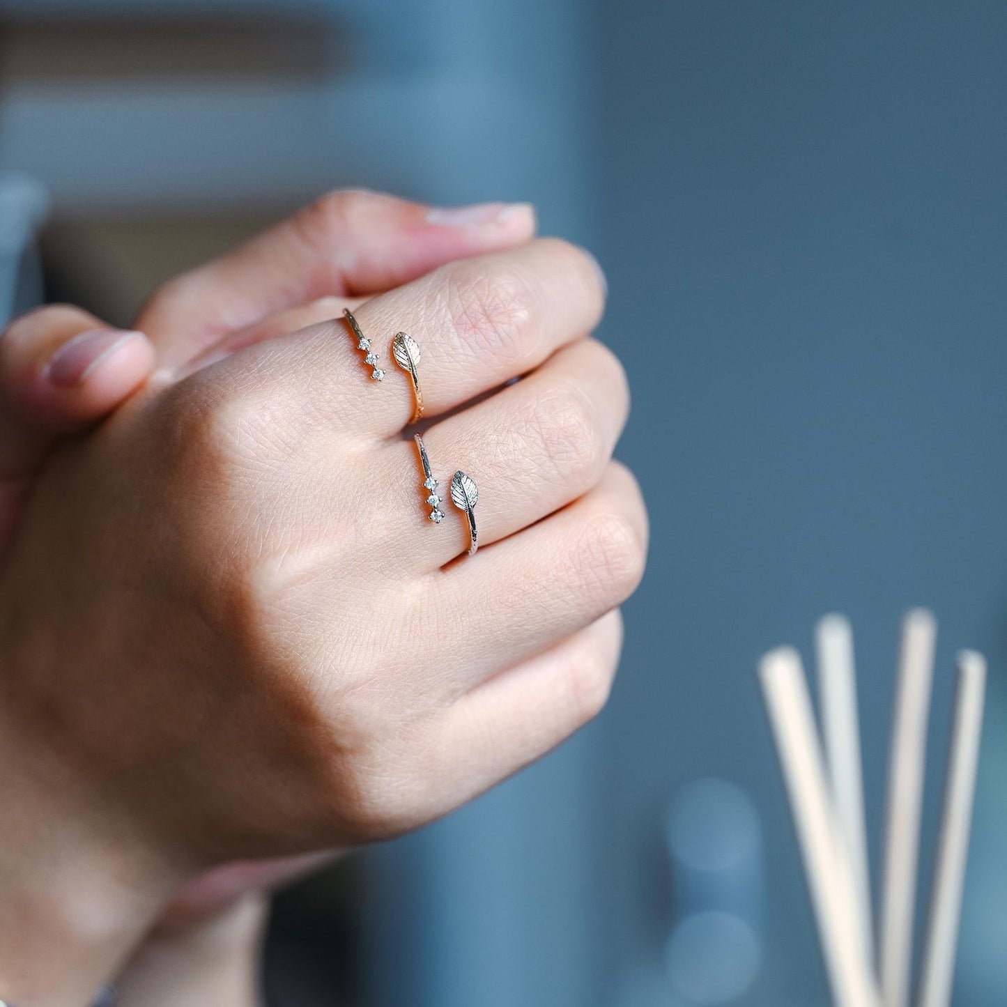 4pcs CZ Pave Gold/ Silver Leaf Ring, Dainty Rings, Adjustable Ring, Statement Ring (#JZ-022-C)