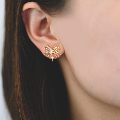 4pcs CZ Pave Gold Bowknot Earrings With Pearl Peg, Pearl Earring Mounts, Half Drilled Pearls Earring Settings (GB-4438)