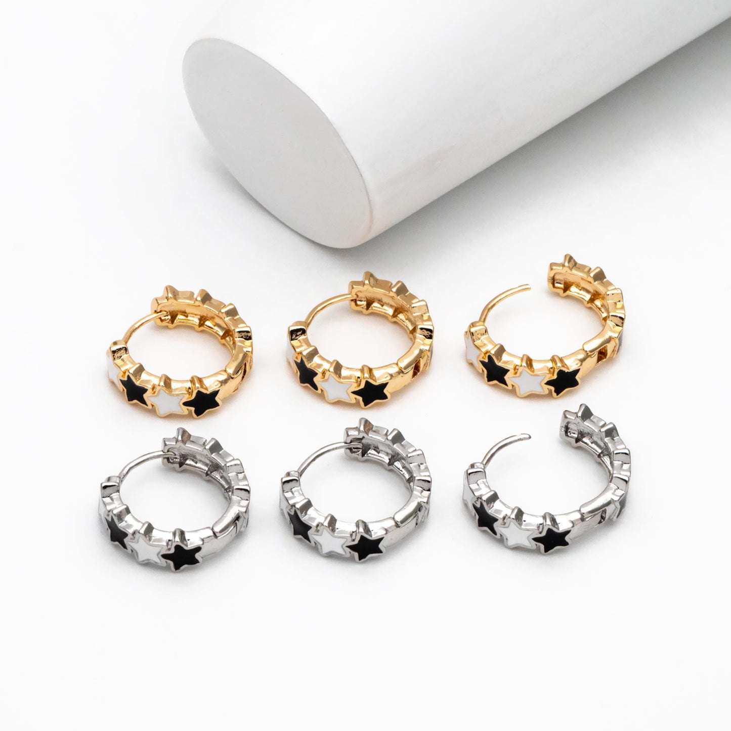 4pcs Gold/ Silver Tone Enamel Star Hoop Earrings, 18K Gold/ Rhodium plated Brass, Minimalist Huggie Earrings (GB-4462)