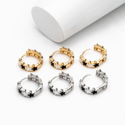 4pcs Gold/ Silver Tone Enamel Star Hoop Earrings, 18K Gold/ Rhodium plated Brass, Minimalist Huggie Earrings (GB-4462)