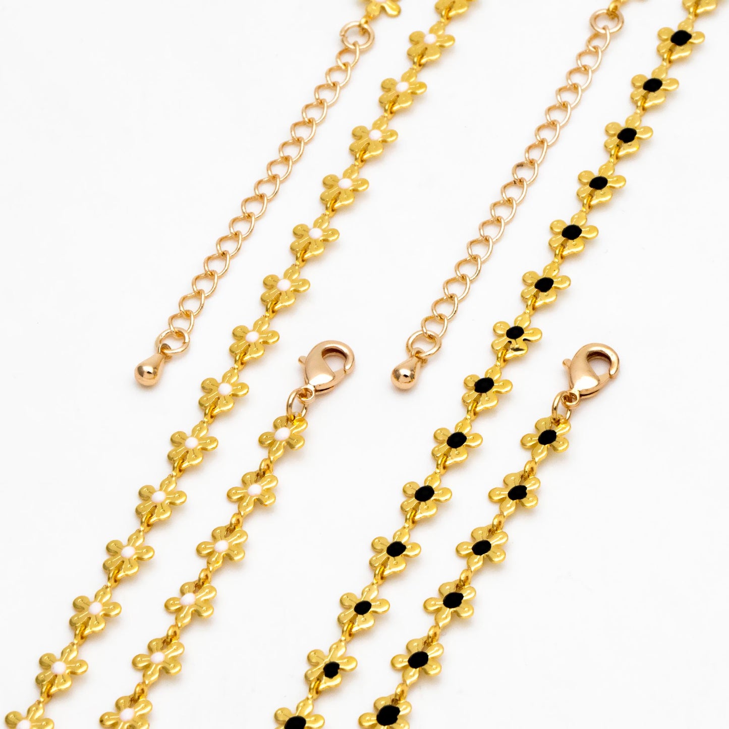 Enamel White/ Black Flower Chain, 18K Gold plated Brass, Adjustable Bracelet/ Anklet/ Necklace with Extender Chain, Ready to Wear (#LK-616)