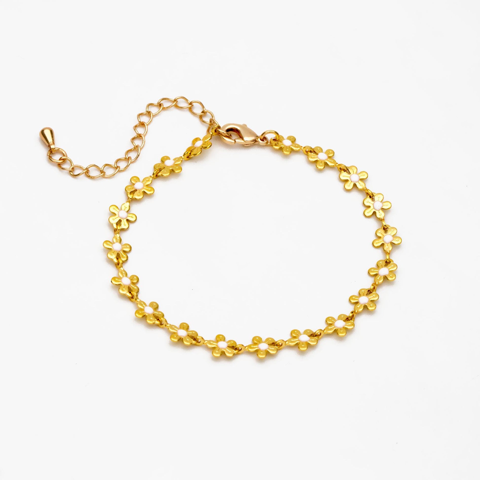 Enamel White/ Black Flower Chain, 18K Gold plated Brass, Adjustable Bracelet/ Anklet/ Necklace with Extender Chain, Ready to Wear (#LK-616)