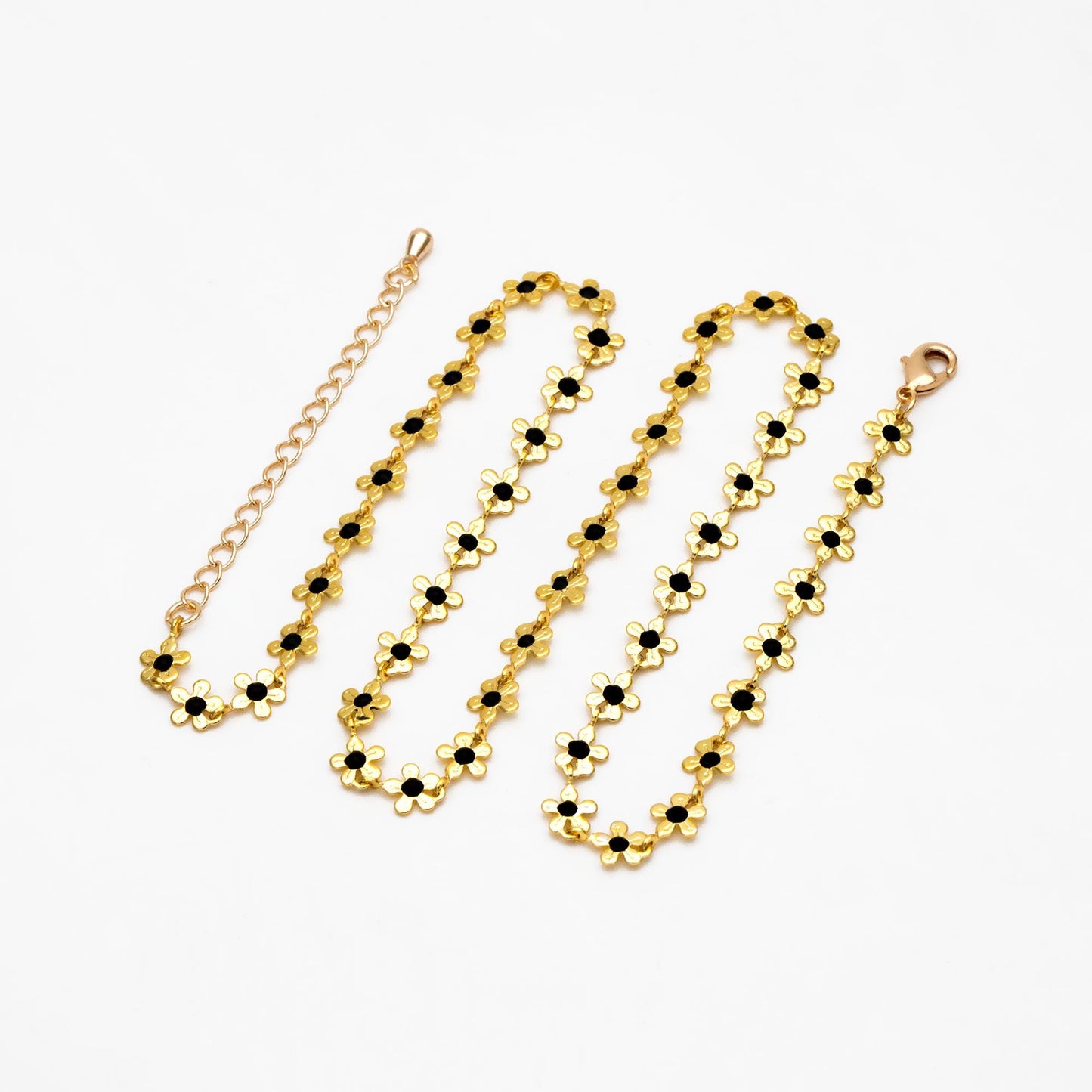Enamel White/ Black Flower Chain, 18K Gold plated Brass, Adjustable Bracelet/ Anklet/ Necklace with Extender Chain, Ready to Wear (#LK-616)