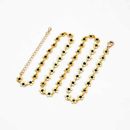 Enamel White/ Black Flower Chain, 18K Gold plated Brass, Adjustable Bracelet/ Anklet/ Necklace with Extender Chain, Ready to Wear (#LK-616)