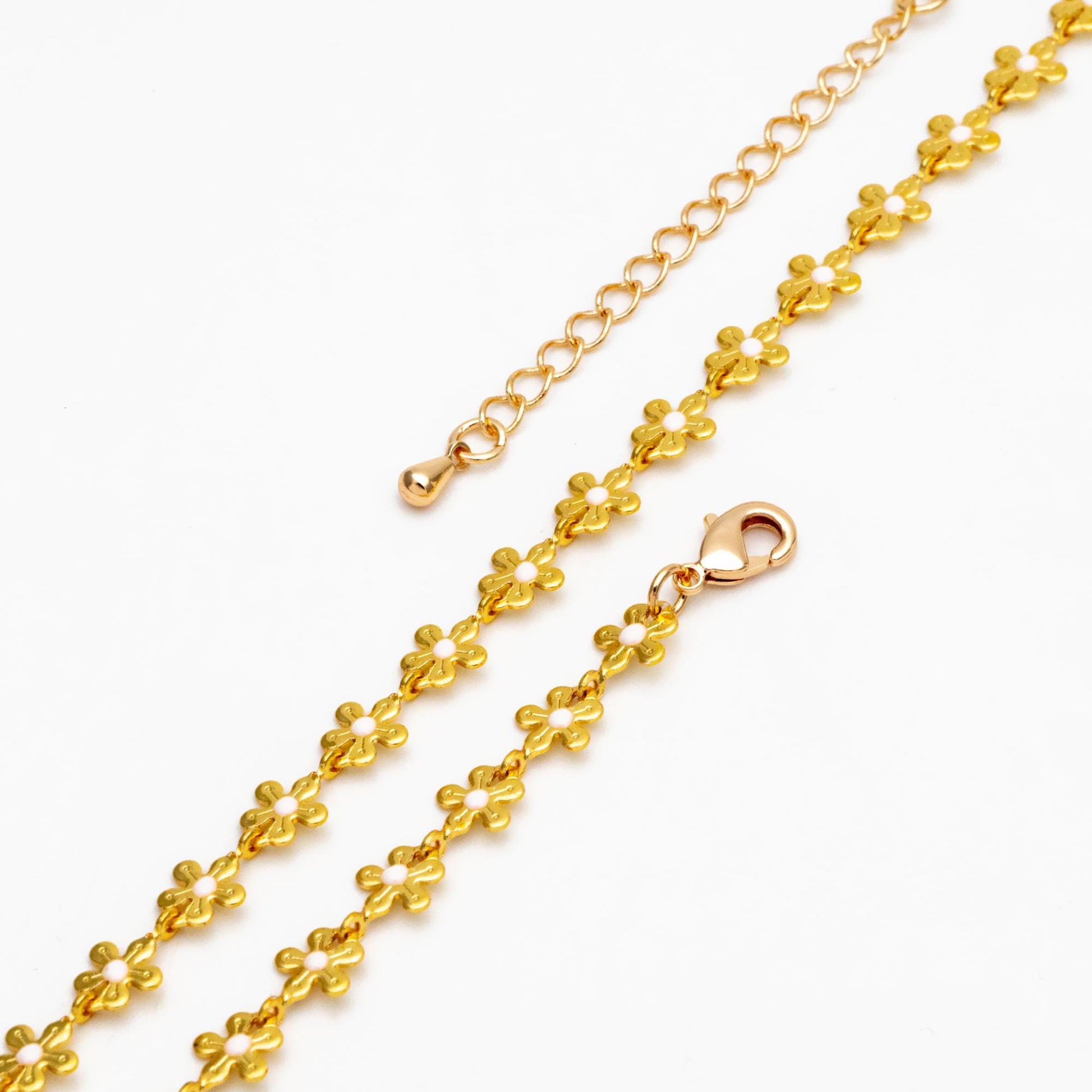 Enamel White/ Black Flower Chain, 18K Gold plated Brass, Adjustable Bracelet/ Anklet/ Necklace with Extender Chain, Ready to Wear (#LK-616)