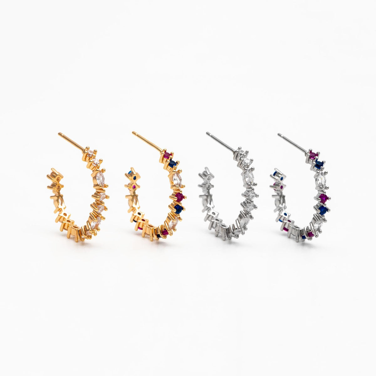 4pcs CZ Pave Gold/ Silver Round Circle Earrings, Gold/ Rhodium plated Brass, Geometric Hoop Stud Earrings (GB-4505)
