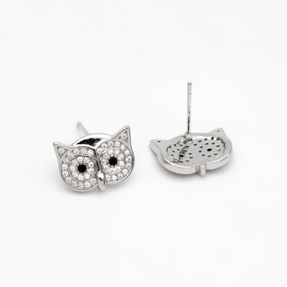 4pcs CZ Pave Gold/ Silver Tone Owl Earrings 11x14mm, Gold/ Rhodium Plated Brass, Bird Stud Earrings (GB-4513)