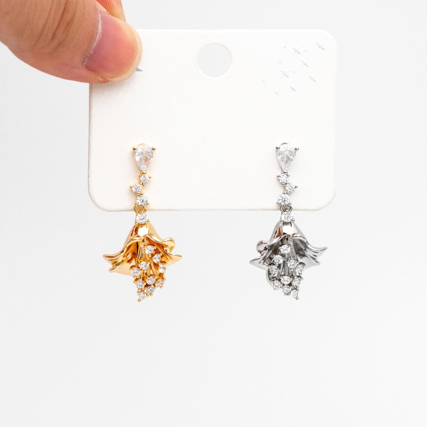 4pcs CZ Pave Gold/ Silver Tone Flower Earrings, 18K Gold/ Rhodium plated Brass, Dainty Dangle Earrings (GB-4517)
