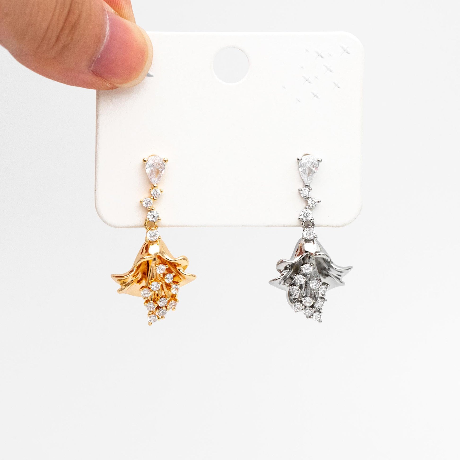 4pcs CZ Pave Gold/ Silver Tone Flower Earrings, 18K Gold/ Rhodium plated Brass, Dainty Dangle Earrings (GB-4517)