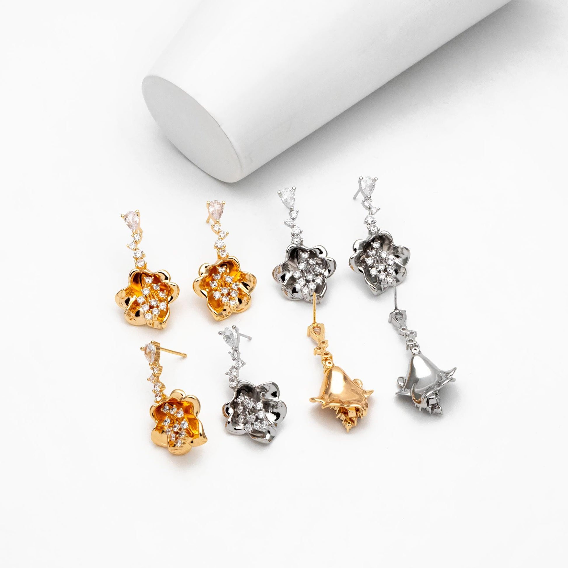 4pcs CZ Pave Gold/ Silver Tone Flower Earrings, 18K Gold/ Rhodium plated Brass, Dainty Dangle Earrings (GB-4517)